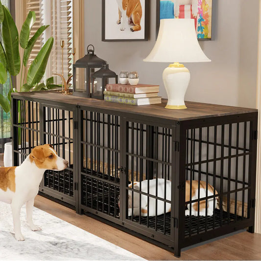Furniture Style Metal And Wood Dog Crate With Three Doors