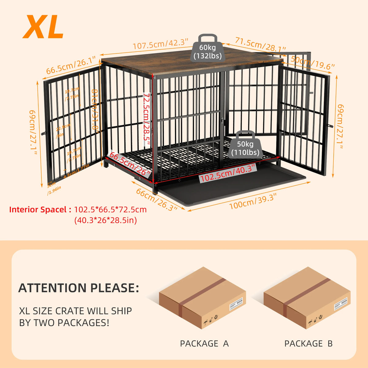 Furniture Style Metal And Wood Dog Crate With Three Doors