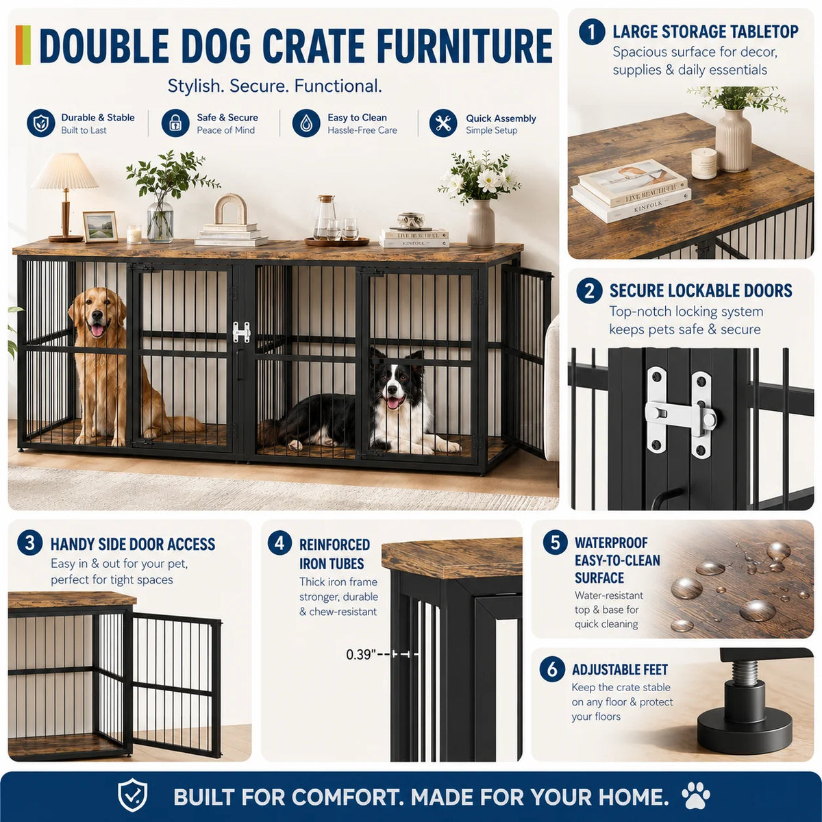 Heavy Duty Wooden Double Dog Crate With Divider And Storage