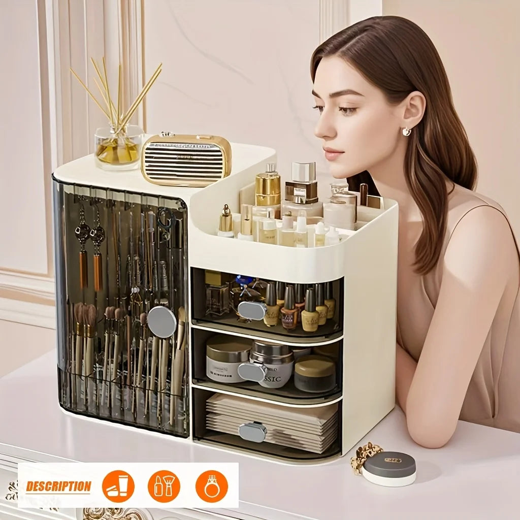 Dustproof Cosmetic Storage Box With Drawers And Brush Holder