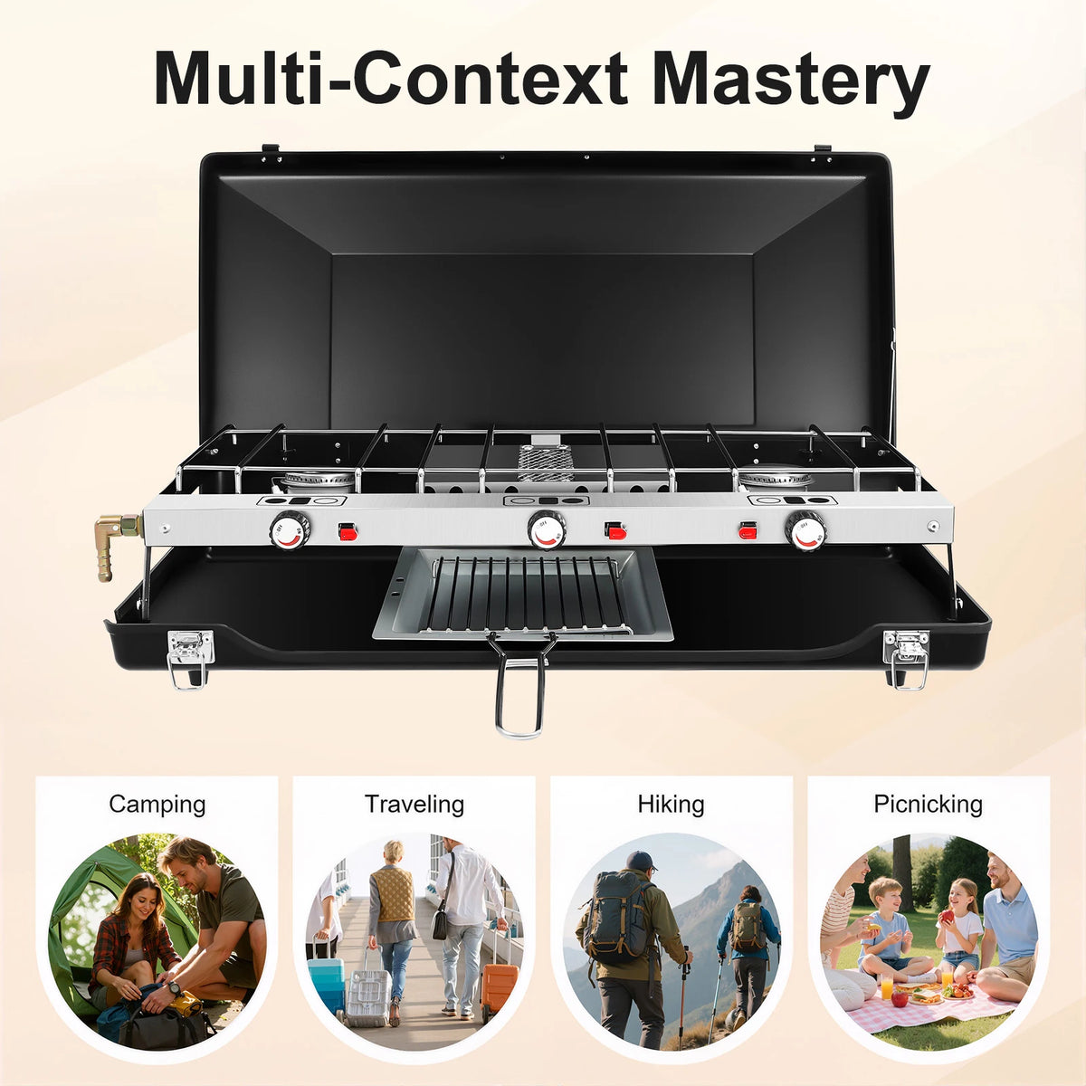 Portable Three Burner Gas Camping Stove Featuring Piezo Ignition System