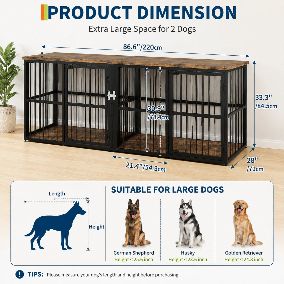 Heavy Duty Wooden Double Dog Crate With Divider And Storage
