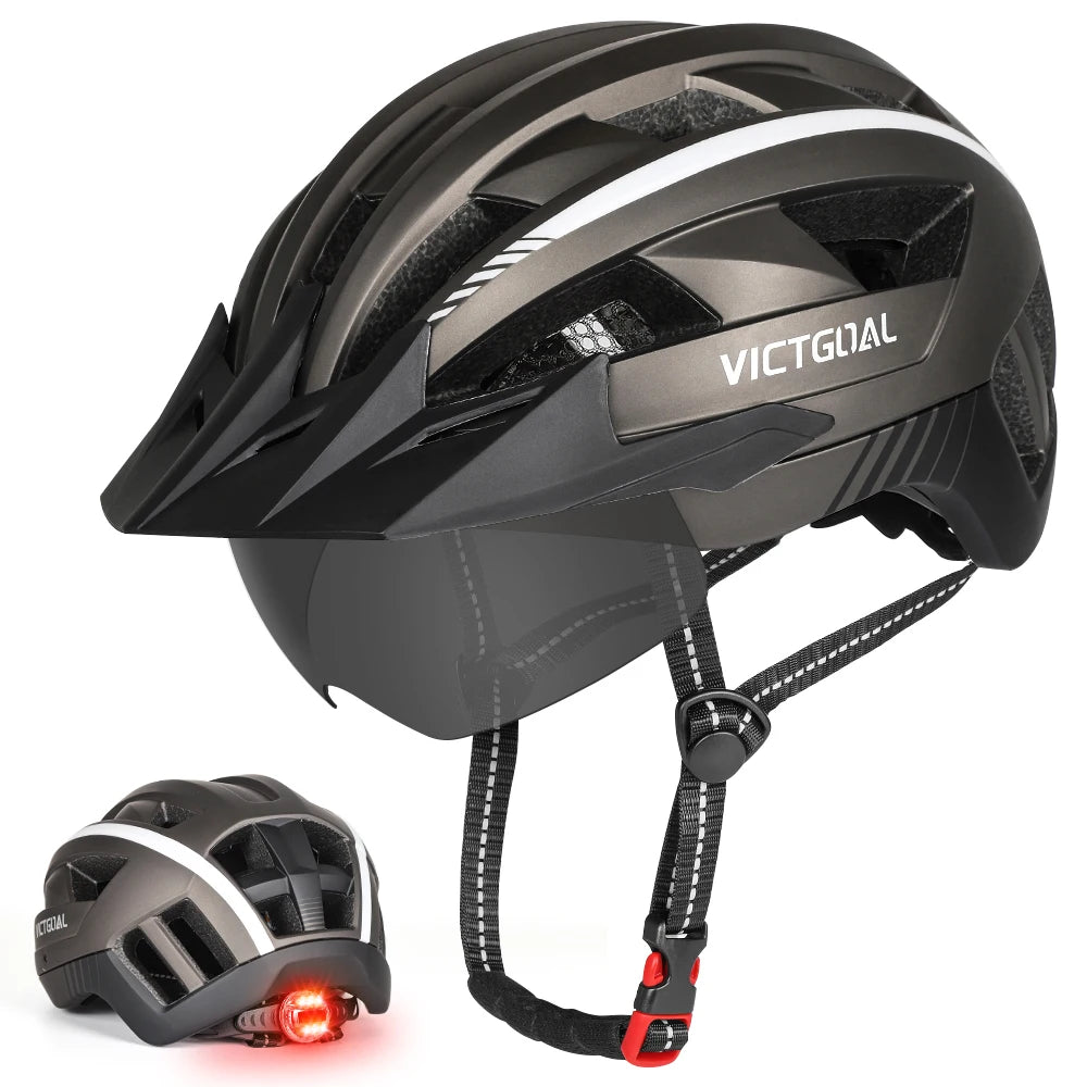 VICTGOAL MTB Bike Helmet with Sun Visor Goggles for Men Women Bicycle Helmets Taillight Night Safety Caps for Cycling Electric Scooter