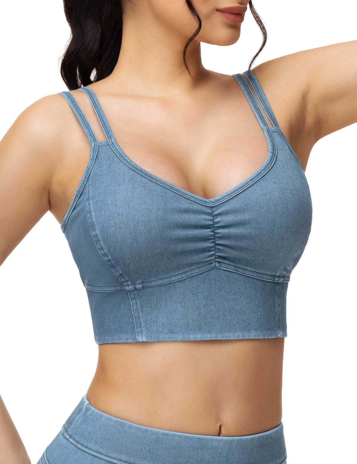 THE GYM PEOPLE Women's Stretchy U Back Wireless Bras V-Neck Strappy Denim Crop Tops Removable Pads