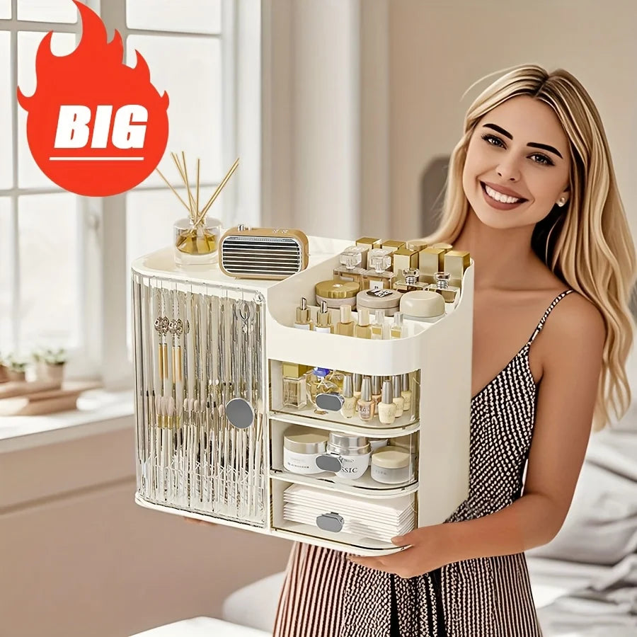 Dustproof Cosmetic Storage Box With Drawers And Brush Holder