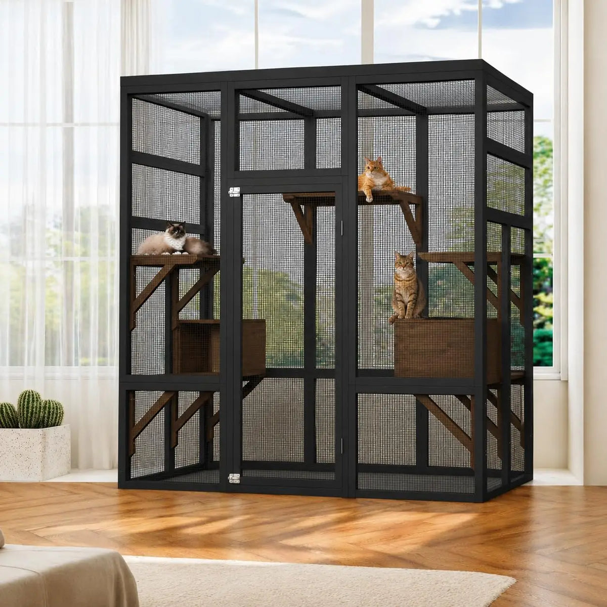 HiMISS Wooden Outdoor Cat Enclosure With Waterproof Roof And Platforms