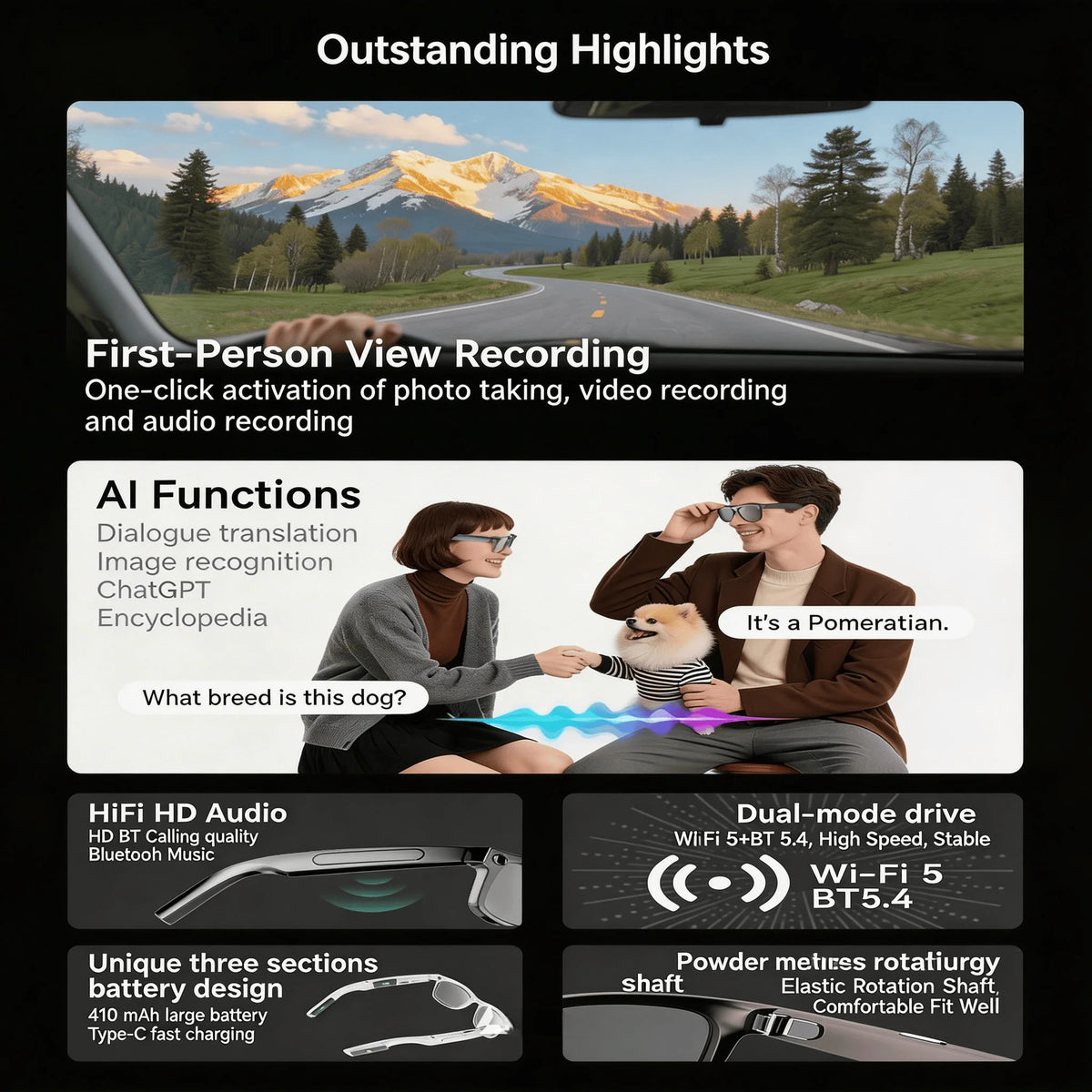 W&O AI Camera Glasses With Real Time Translation And Open Ear