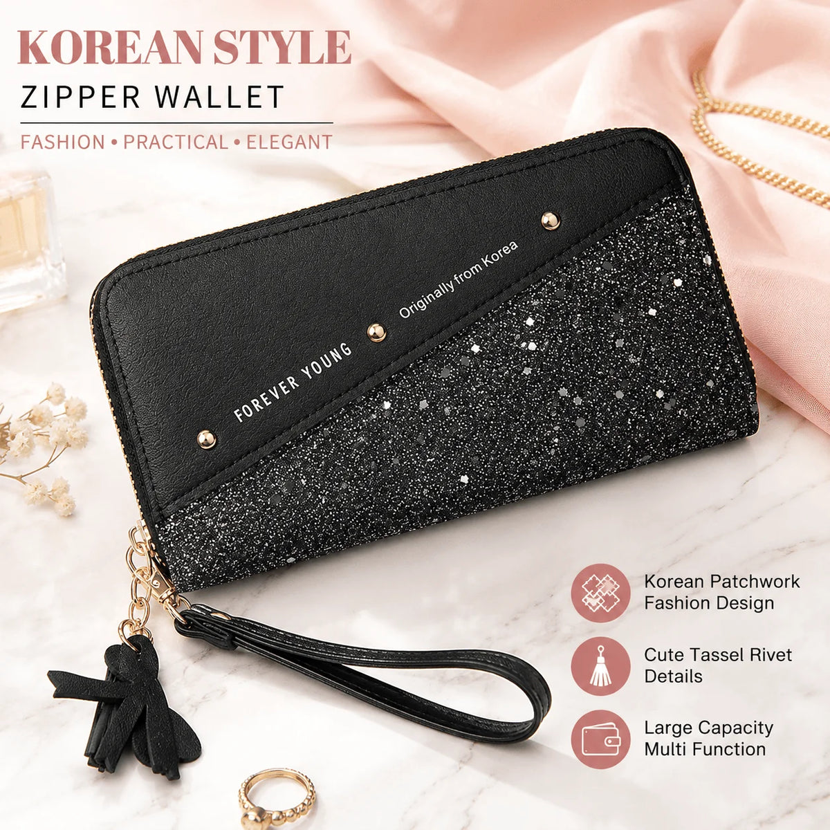 Women Patchwork Leather Wallet With Tassel And Multiple Pockets
