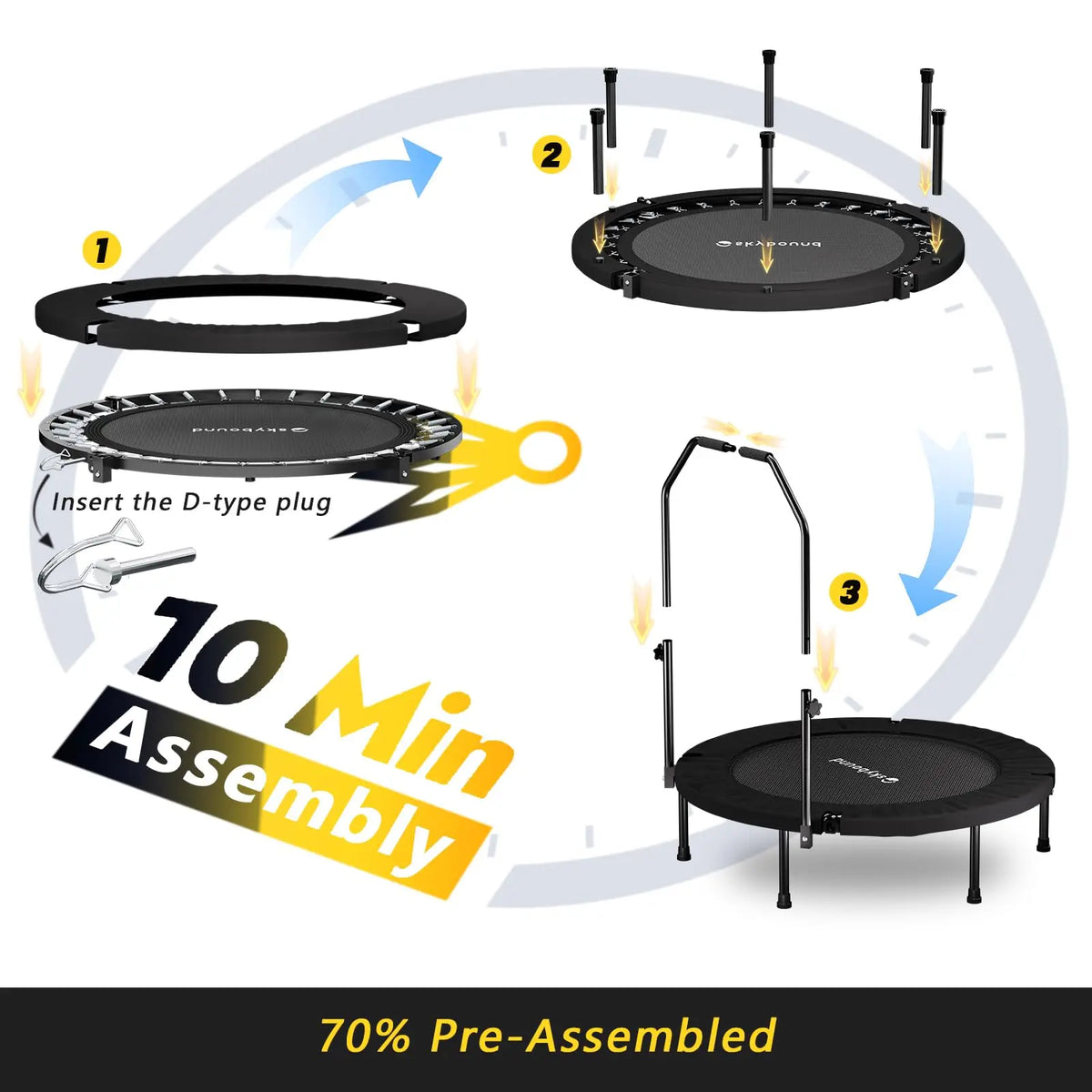 Adults Foldable Mini Trampoline Fitness Rebounder With Adjustable Handle