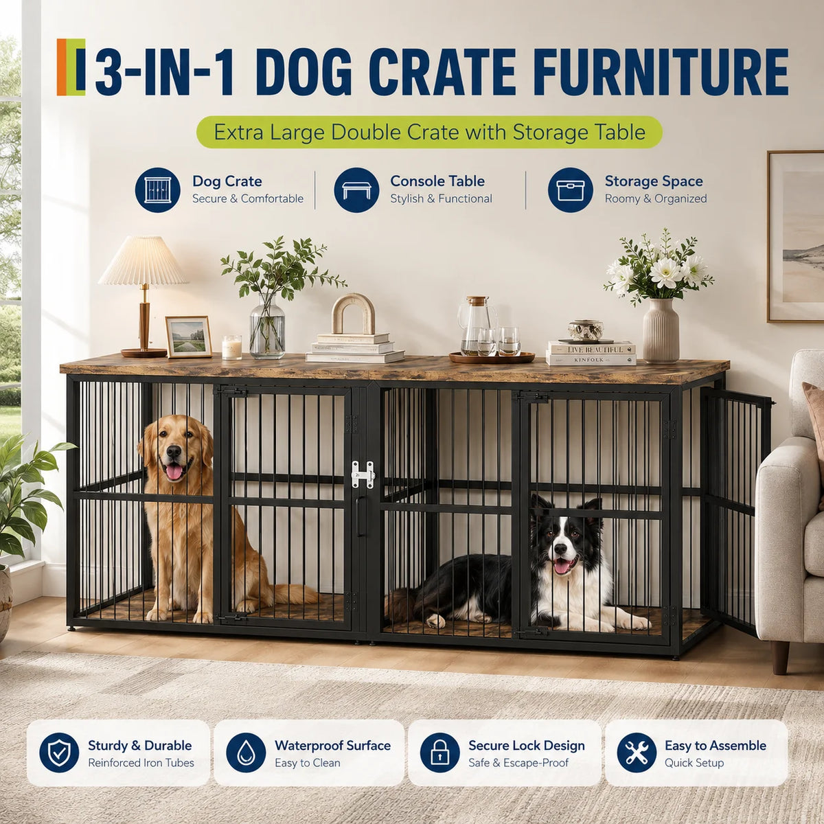 Heavy Duty Wooden Double Dog Crate With Divider And Storage