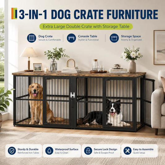 Heavy Duty Wooden Double Dog Crate With Divider And Storage