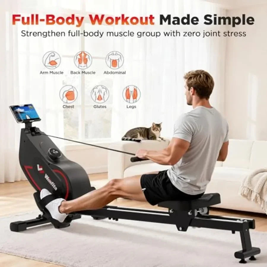 Home rowing machine with magnetic resistance, black and gray, ultra-quiet 32-level adjustment, 350lb capacity, compact dual rai