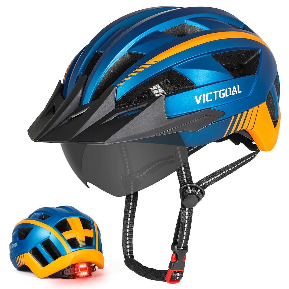 VICTGOAL MTB Bike Helmet with Sun Visor Goggles for Men Women Bicycle Helmets Taillight Night Safety Caps for Cycling Electric Scooter