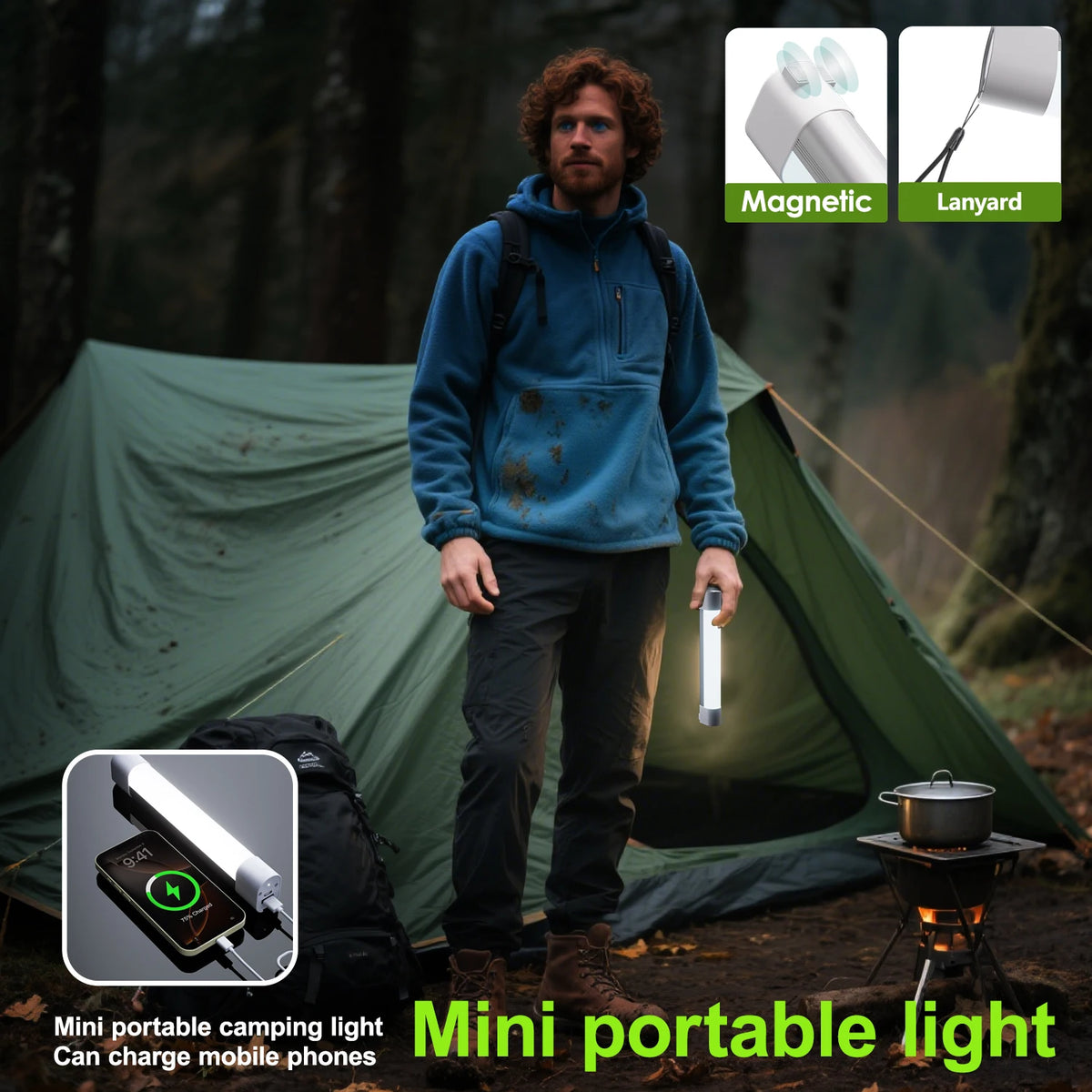 Aluminum Alloy Magnetic Charging Camping Light 18.5cm 2000Mah USB Rechargeable Led Emergency Light 5 Modes High Brightness Medium Brightness Strobe Red Light Power Outage Emergency Garage Tent Warehouse Lighting