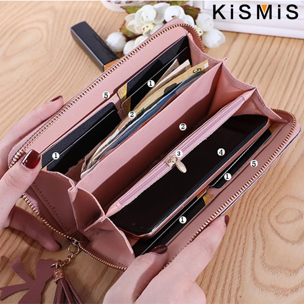 Women Patchwork Leather Wallet With Tassel And Multiple Pockets