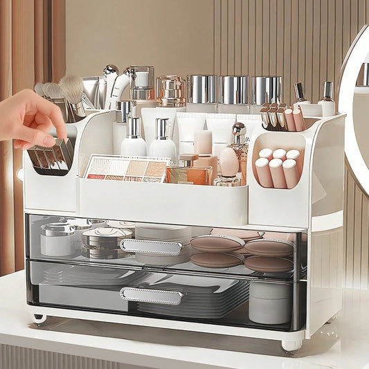 Makeup Organizer With Drawers And Brush Holders For Vanity Storage