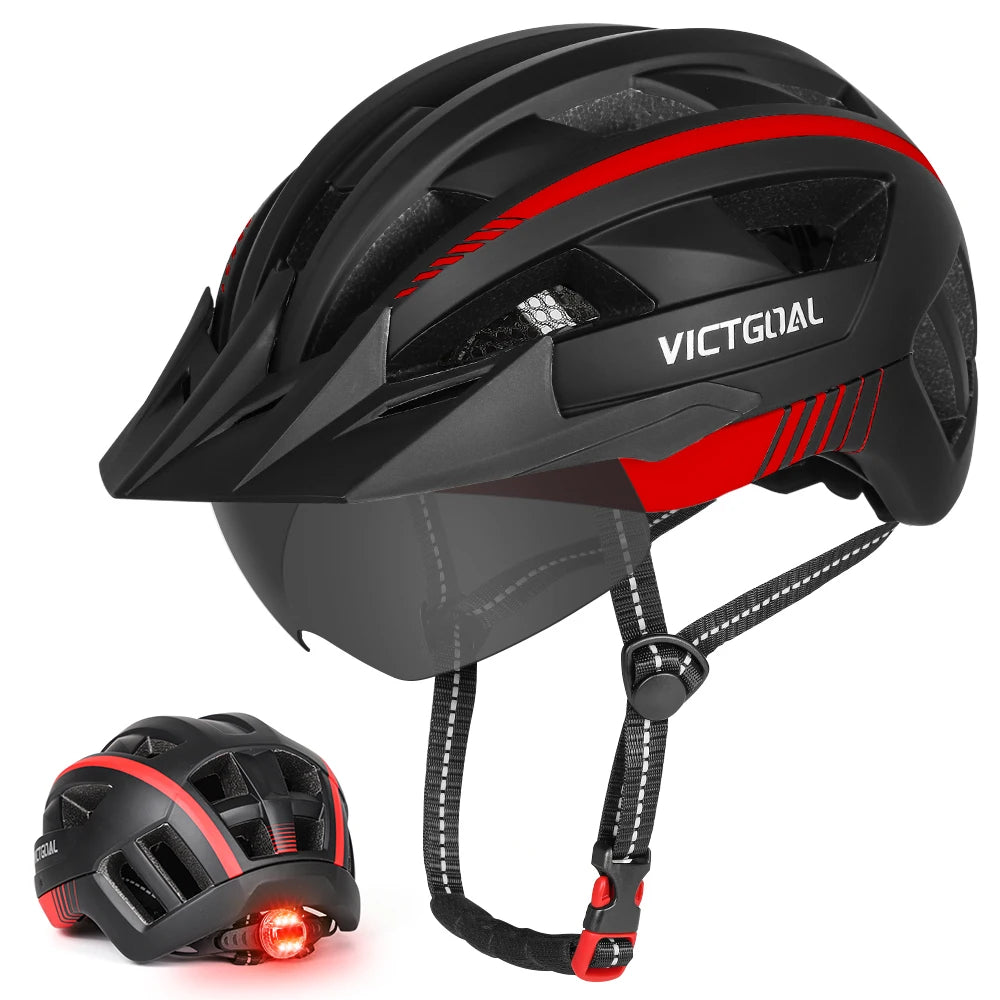VICTGOAL MTB Bike Helmet with Sun Visor Goggles for Men Women Bicycle Helmets Taillight Night Safety Caps for Cycling Electric Scooter