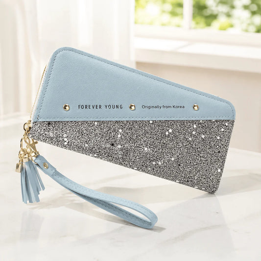 Women Patchwork Leather Wallet With Tassel And Multiple Pockets