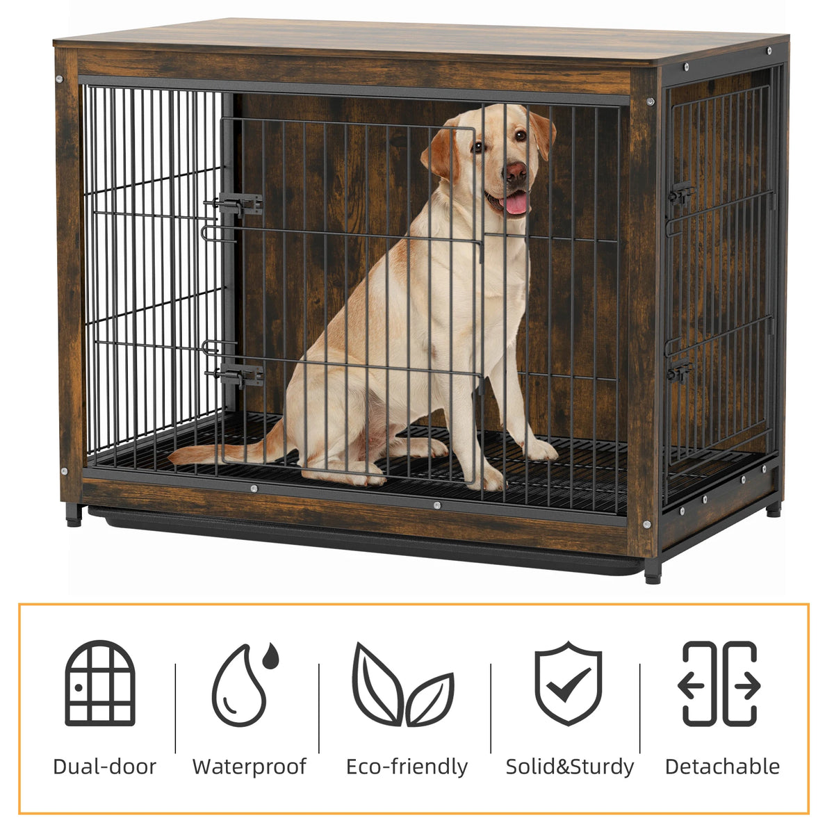 BINGOPAW Dual Door Wooden Pet Crate With Removable Tray