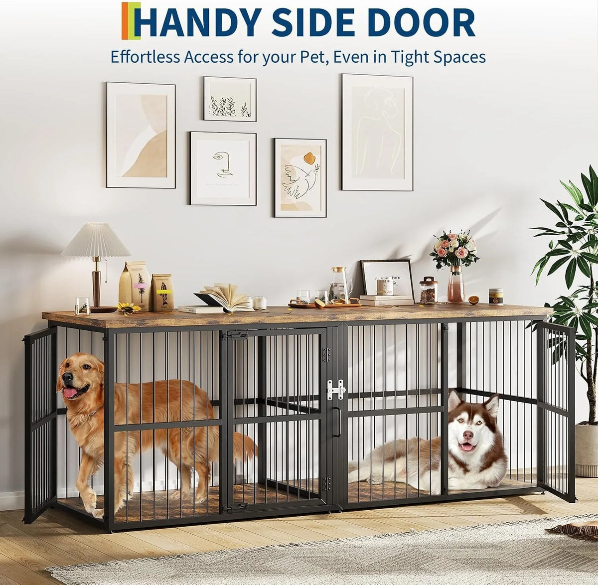Heavy Duty Wooden Double Dog Crate With Divider And Storage