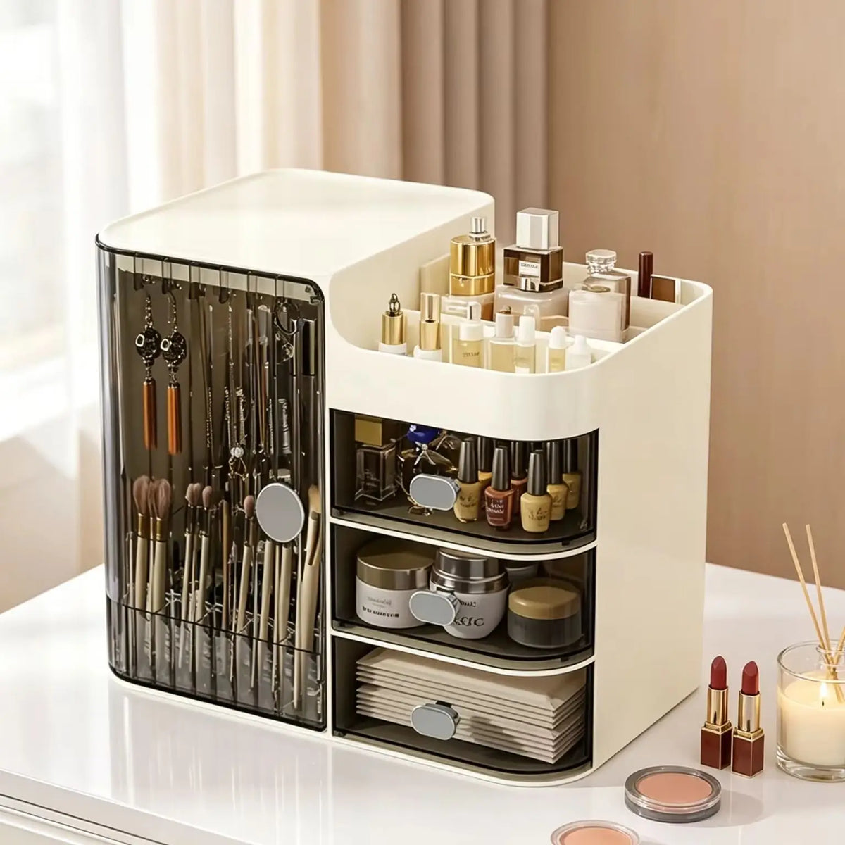Dustproof Cosmetic Storage Box With Drawers And Brush Holder