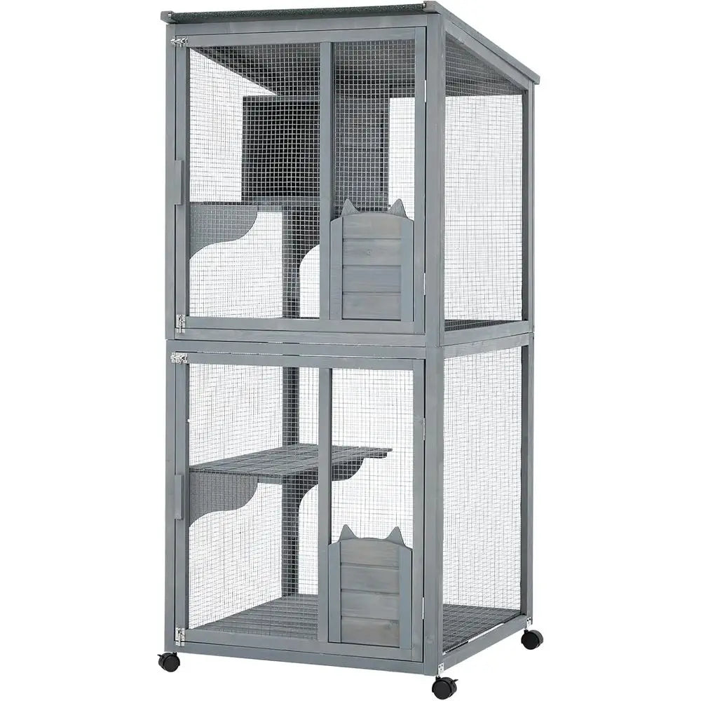 Wooden Multi Level Cat Patio Enclosure With Lockable Wheels