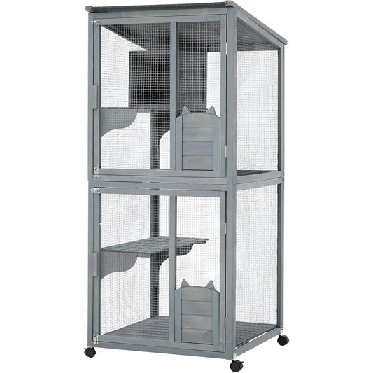 Wooden Multi Level Cat Patio Enclosure With Lockable Wheels