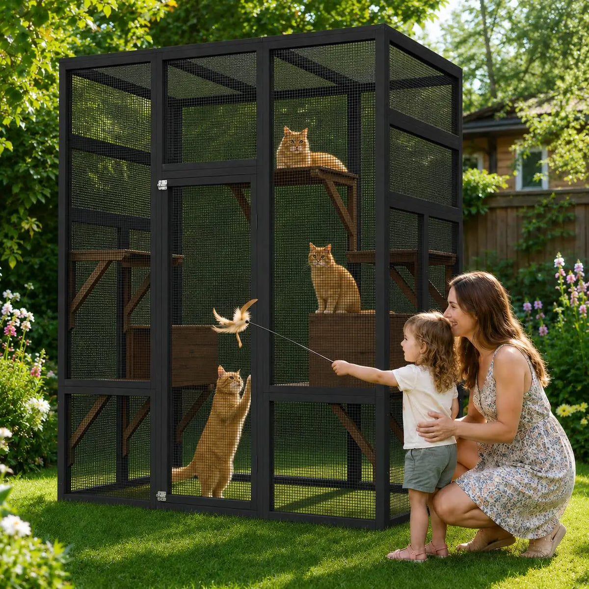 HiMISS Wooden Outdoor Cat Enclosure With Waterproof Roof And Platforms
