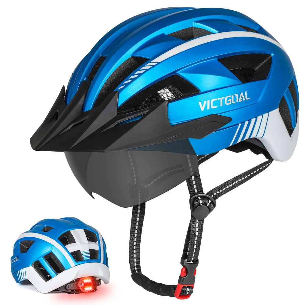 VICTGOAL MTB Bike Helmet with Sun Visor Goggles for Men Women Bicycle Helmets Taillight Night Safety Caps for Cycling Electric Scooter