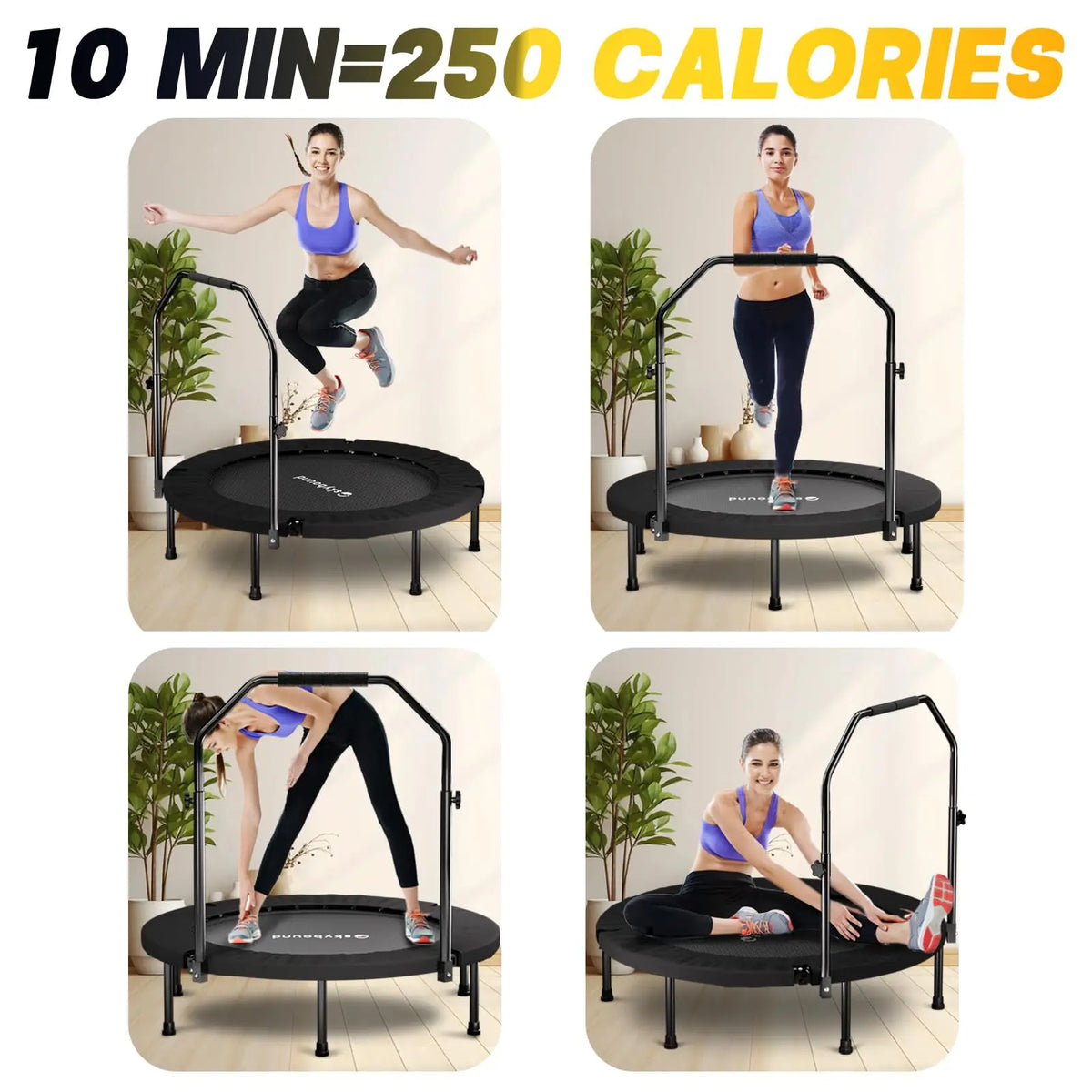 Adults Foldable Mini Trampoline Fitness Rebounder With Adjustable Handle