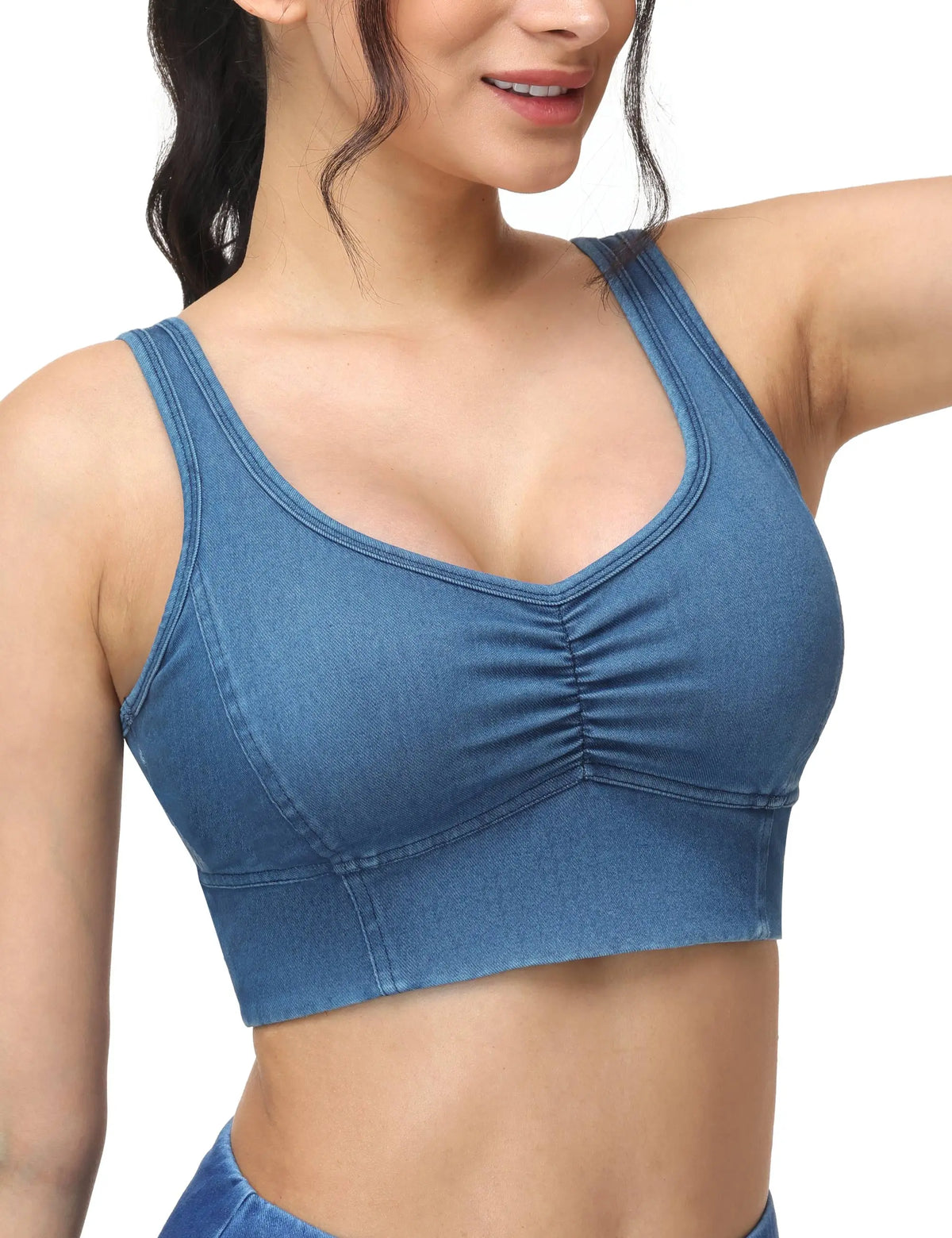 THE GYM PEOPLE Women's U Back Jean Crop Tank Tops with Built in Bra Stretchy Front scrunch  Casual Denim Longline Bras
