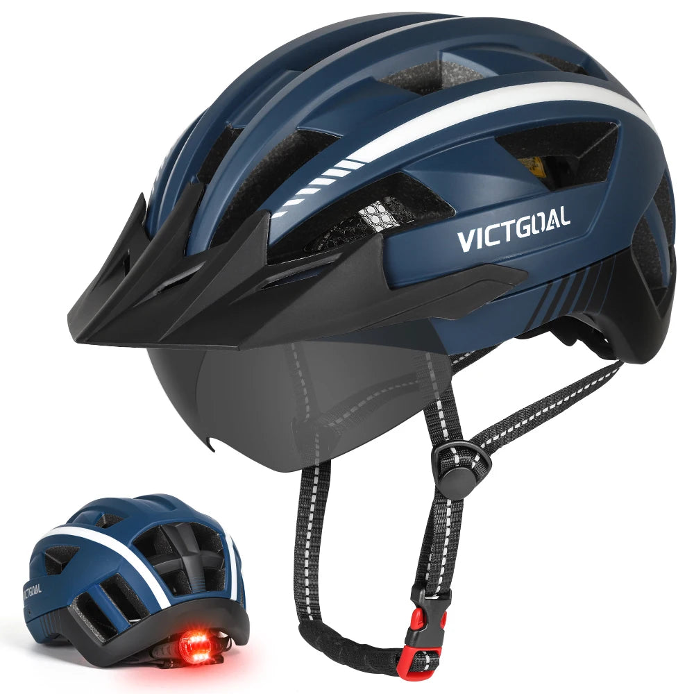VICTGOAL MTB Bike Helmet with Sun Visor Goggles for Men Women Bicycle Helmets Taillight Night Safety Caps for Cycling Electric Scooter