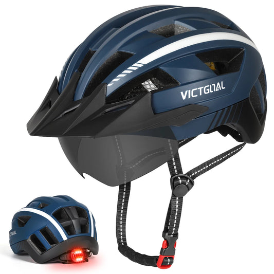VICTGOAL MTB Bike Helmet with Sun Visor Goggles for Men Women Bicycle Helmets Taillight Night Safety Caps for Cycling Electric Scooter