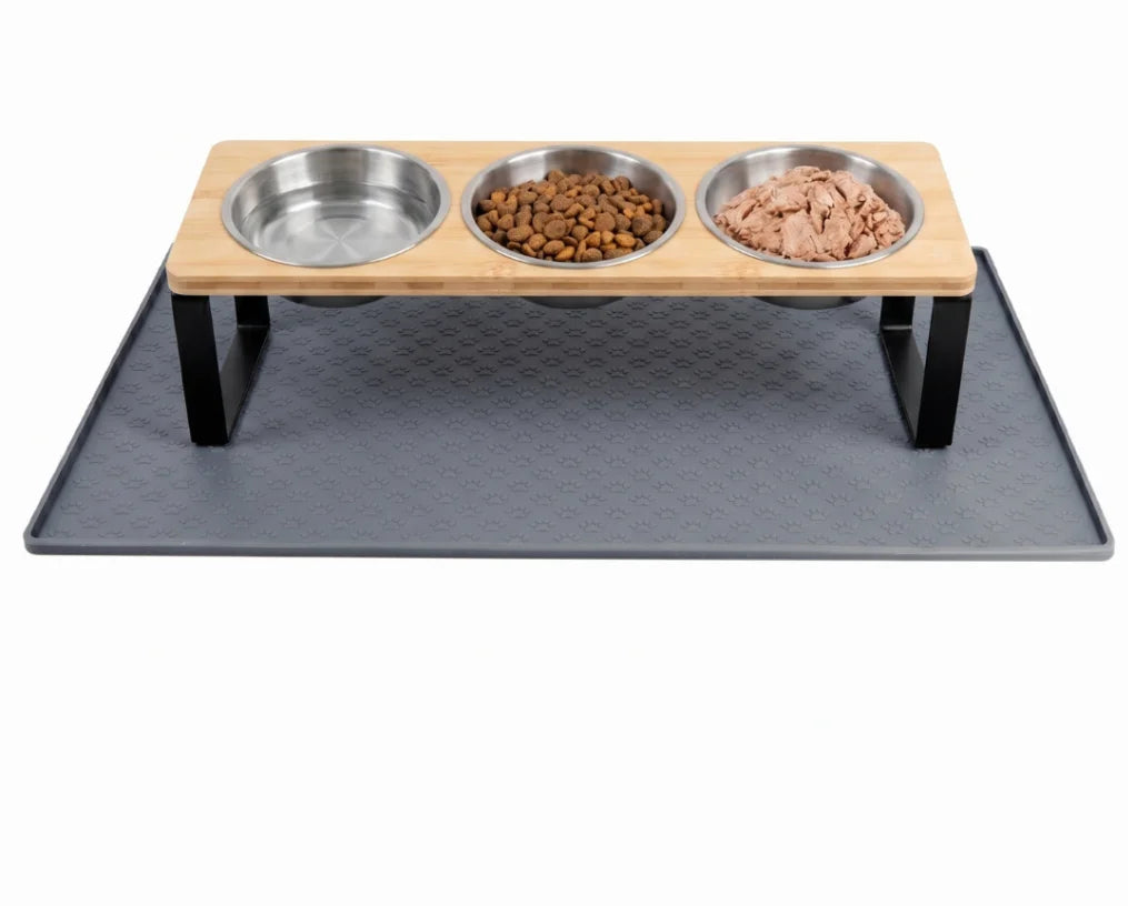 Elevated Stainless Steel Cat Feeder With Tilted Bowls And Mat