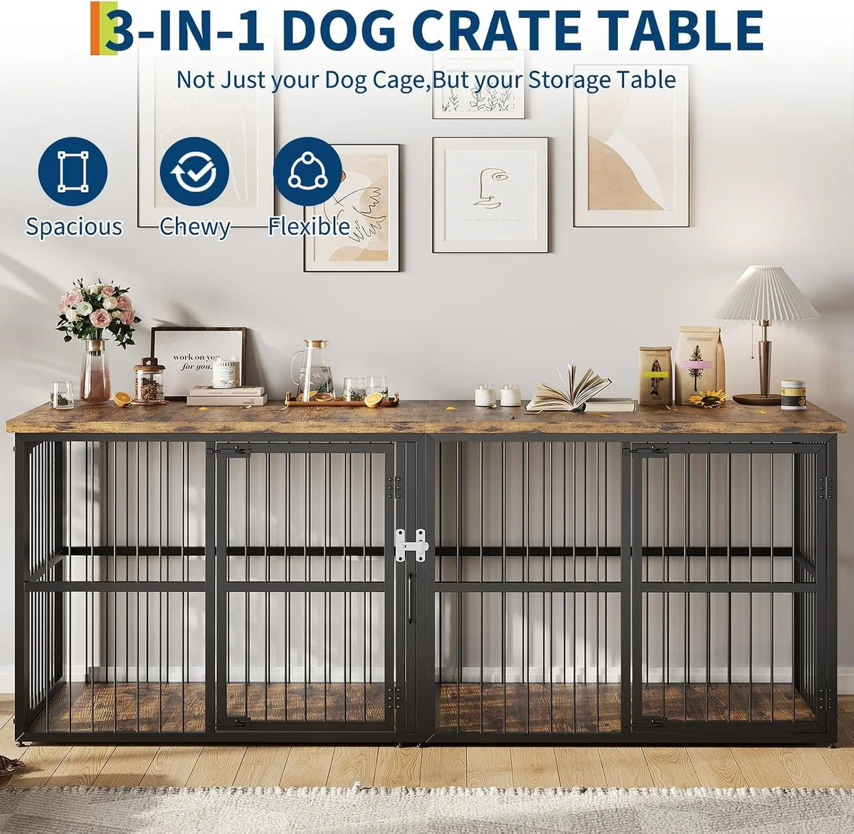 Heavy Duty Wooden Double Dog Crate With Divider And Storage