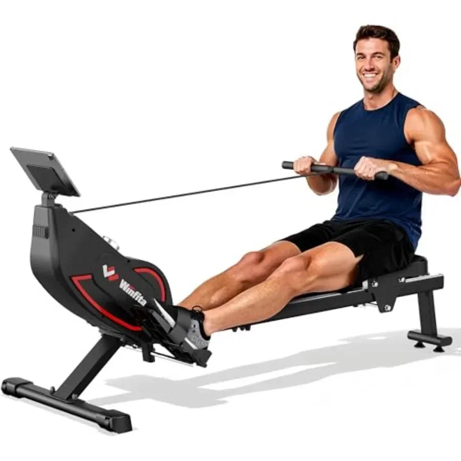 Home rowing machine with magnetic resistance, black and gray, ultra-quiet 32-level adjustment, 350lb capacity, compact dual rai