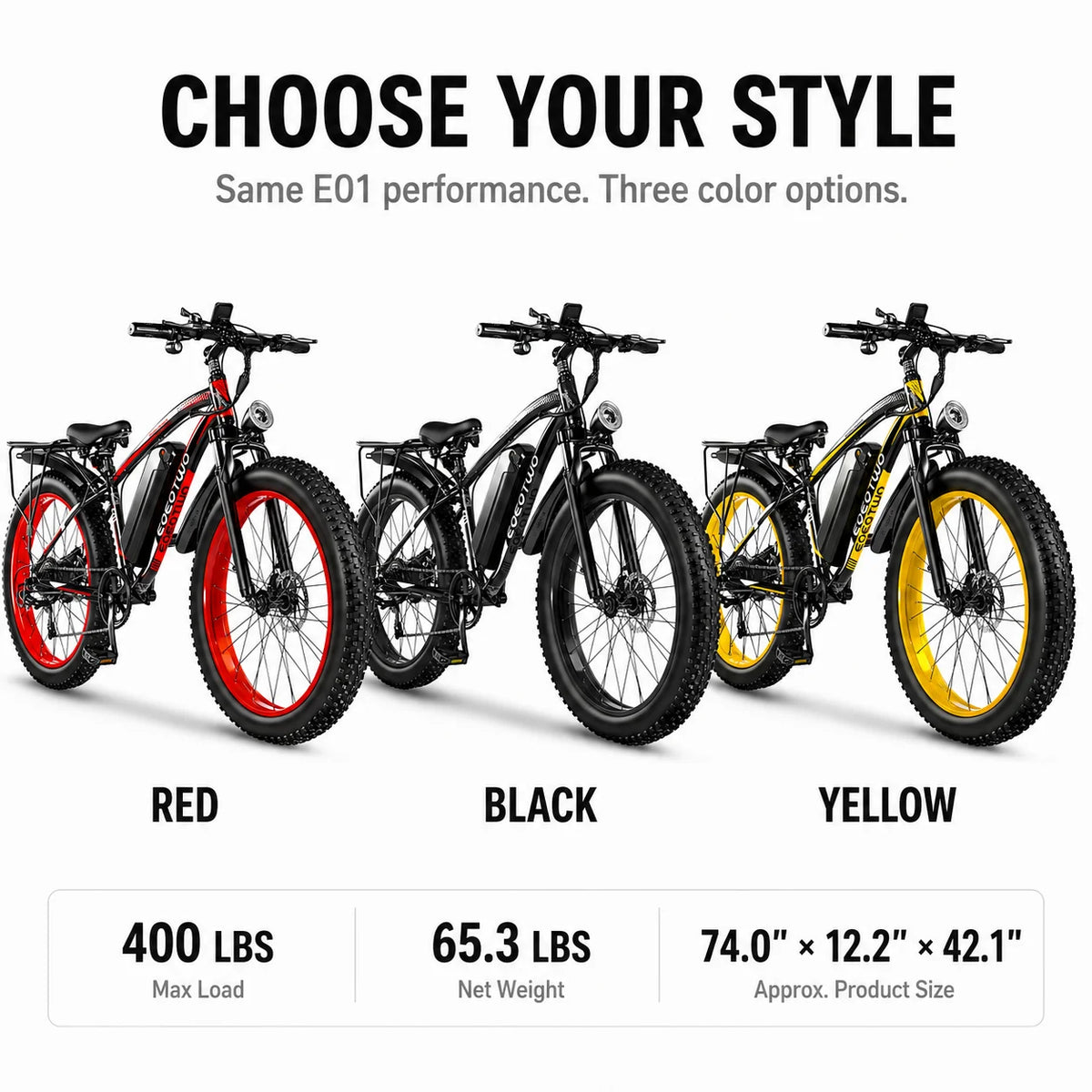 Eoeotwo 1000W Electric Bike 48V 15Ah Battery 34Mph 60Mi Range