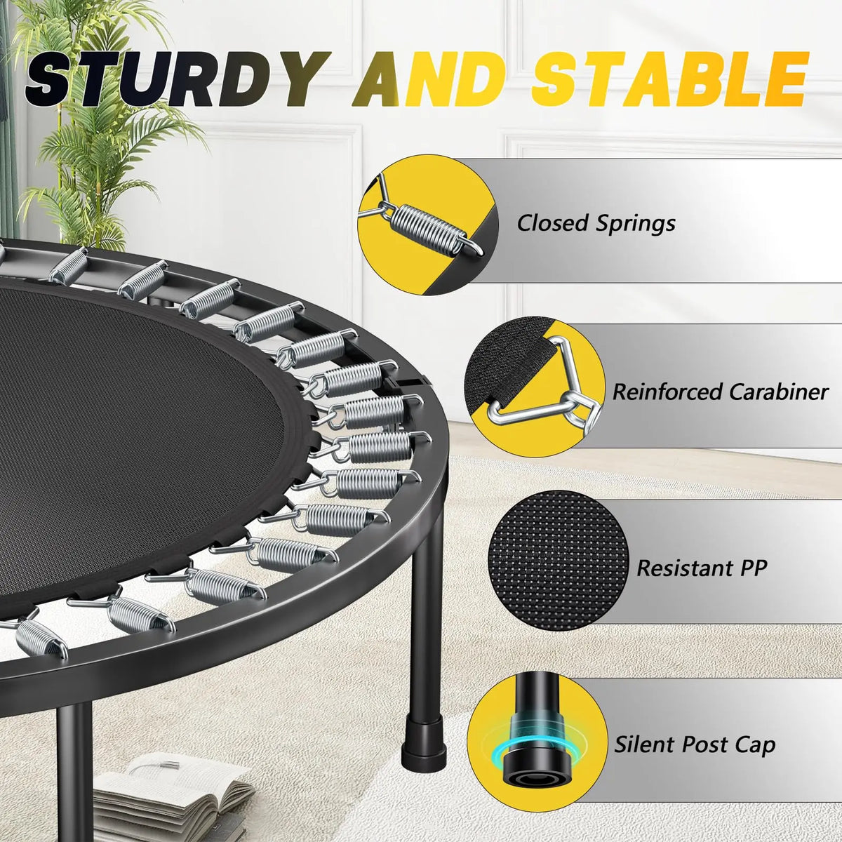 Adults Foldable Mini Trampoline Fitness Rebounder With Adjustable Handle