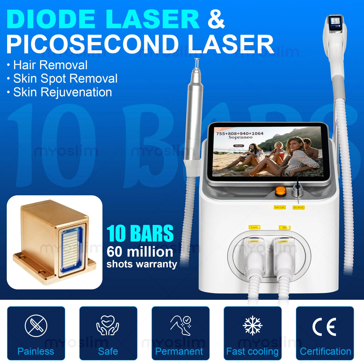Myoslim 10 Bar Diode Laser Hair Removal Machine Sapphire Cooling