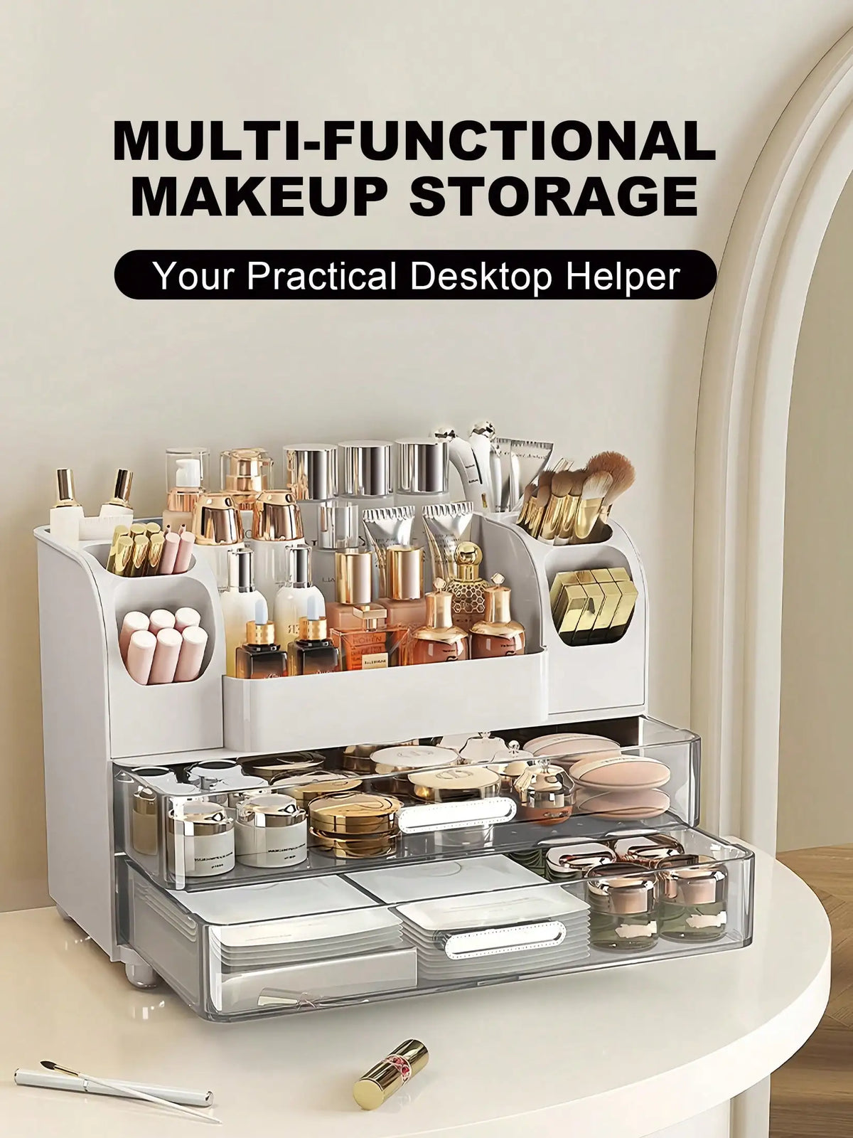 Makeup Organizer With Drawers And Brush Holders For Vanity Storage