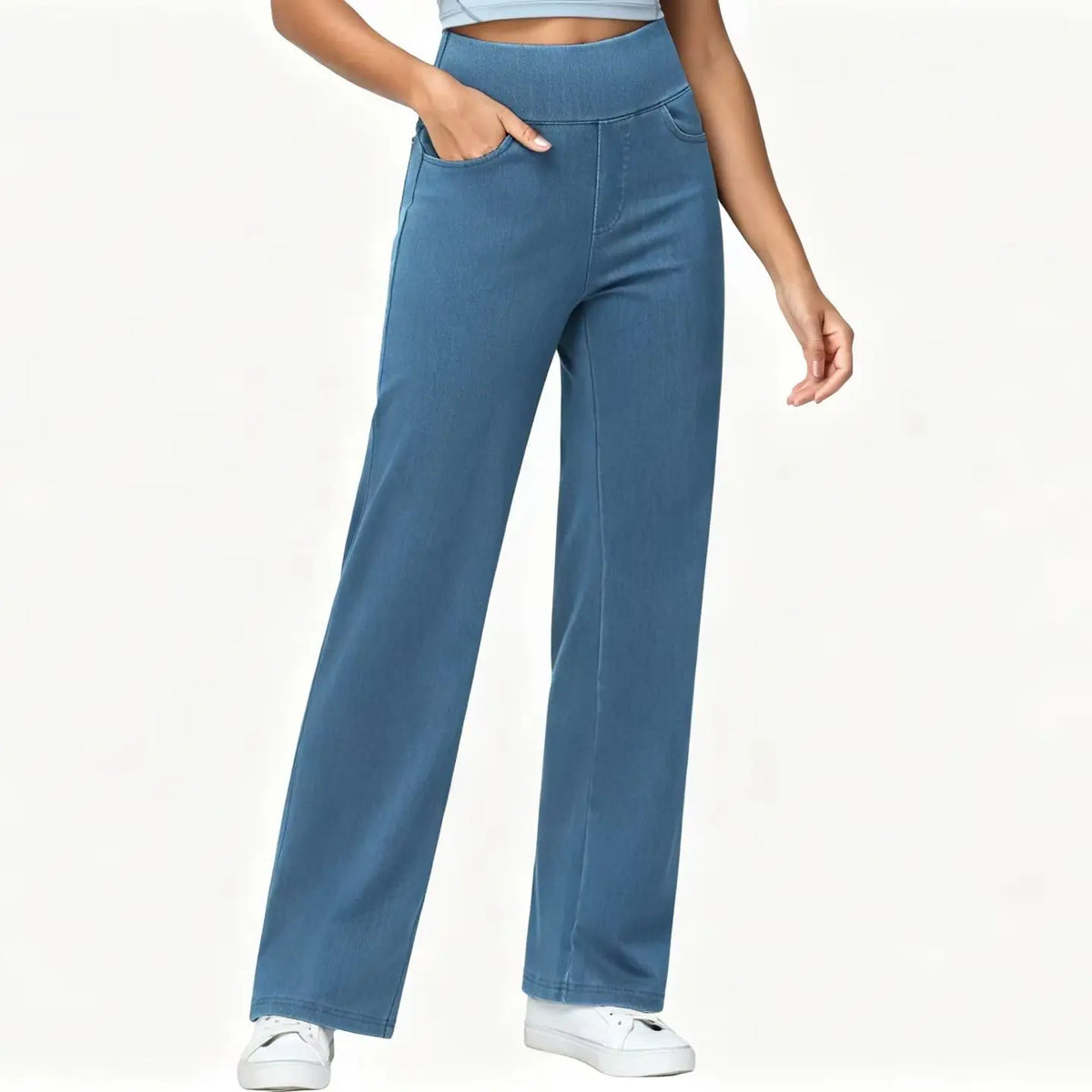 THE GYM PEOPLE Women's Wide Leg Jeans High Waisted Pull on Stretchy Baggy Basic Straight Denim Pants with Pockets