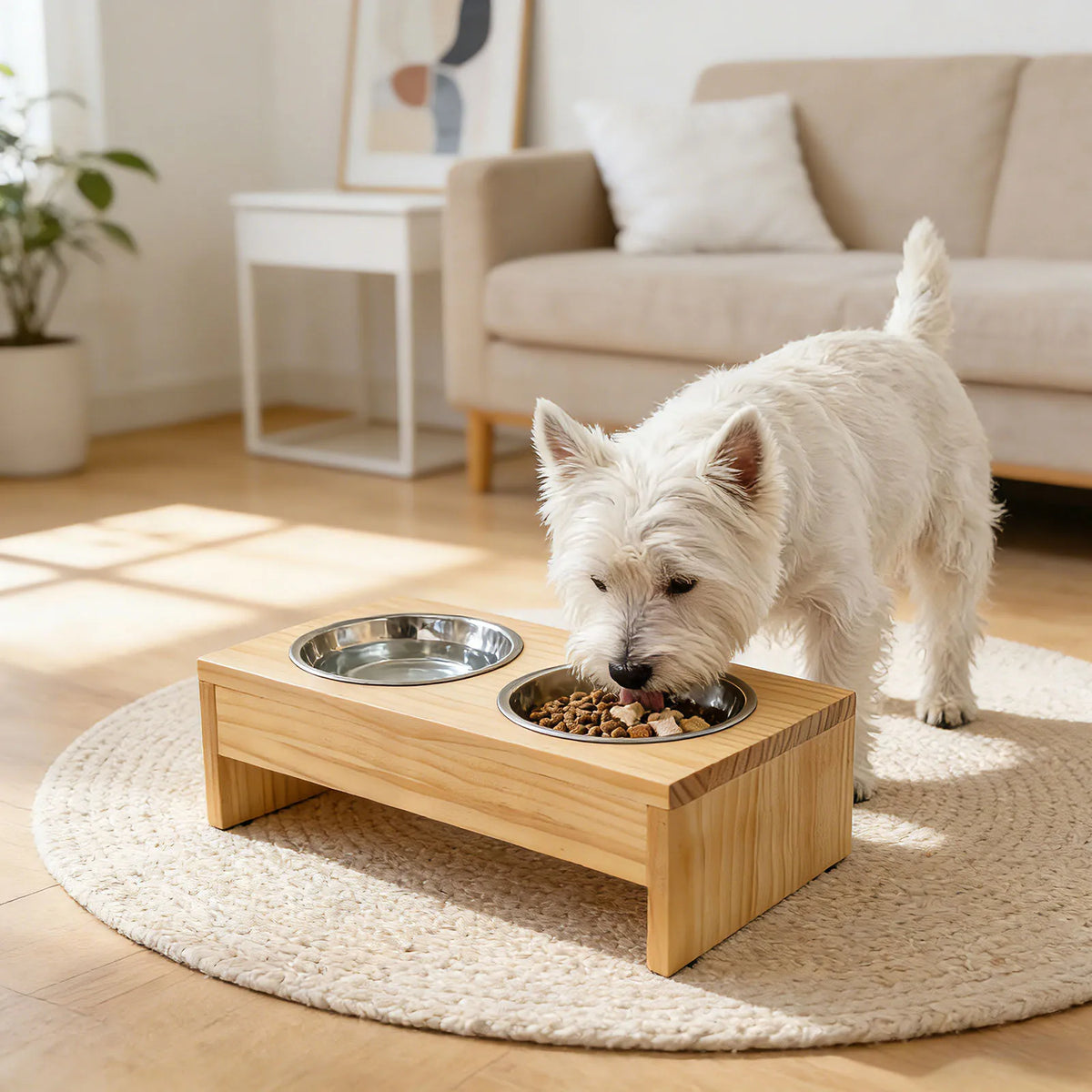 Elevated Wooden Dog Feeder With Stainless Steel Double Bowls